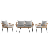 Evin Boho 4 Piece Indoor/Outdoor Rope Rattan Patio Conversation Set with Tempered Glass Top Coffee Table and Gray Cushions, Natural