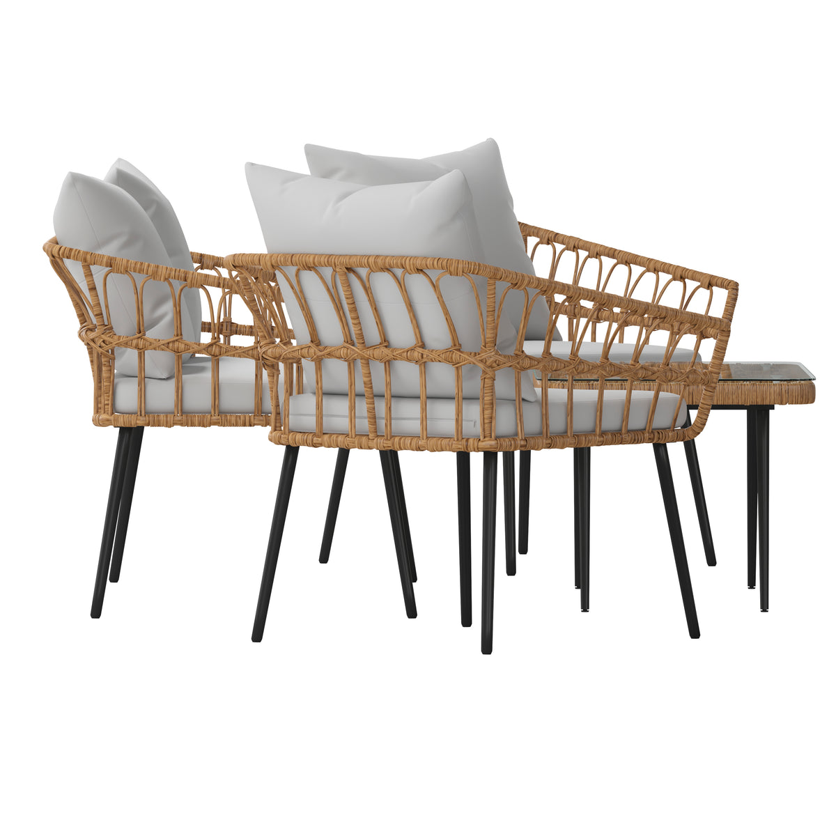 Evin Boho 4 Piece Indoor/Outdoor Rope Rattan Patio Conversation Set with Tempered Glass Top Coffee Table and Gray Cushions, Natural