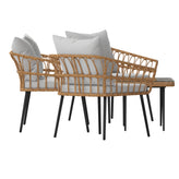 Evin Boho 4 Piece Indoor/Outdoor Rope Rattan Patio Conversation Set with Tempered Glass Top Coffee Table and Gray Cushions, Natural