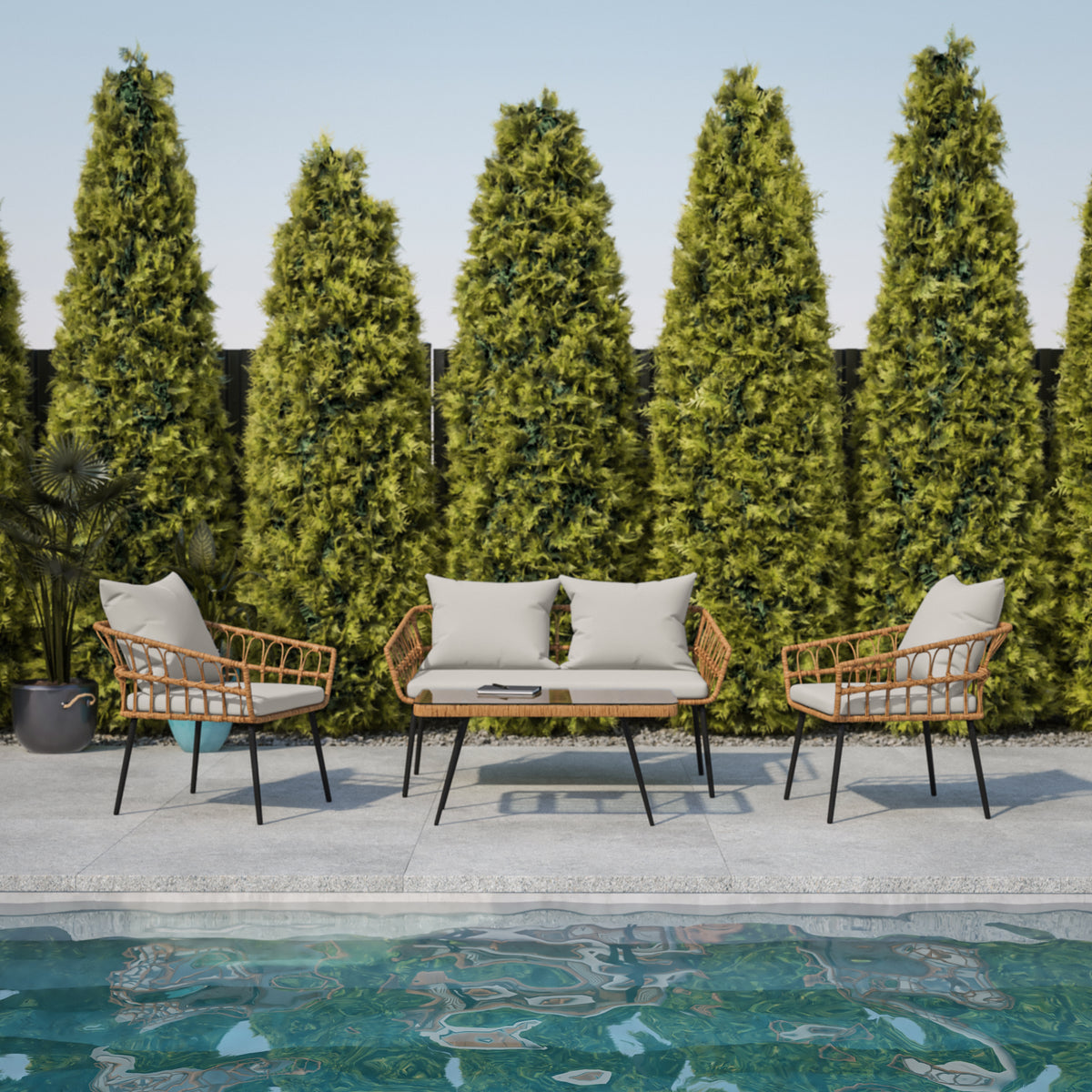 Evin Boho 4 Piece Indoor/Outdoor Rope Rattan Patio Conversation Set with Tempered Glass Top Coffee Table and Gray Cushions, Natural
