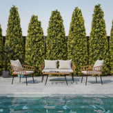 Evin Boho 4 Piece Indoor/Outdoor Rope Rattan Patio Conversation Set with Tempered Glass Top Coffee Table and Gray Cushions, Natural