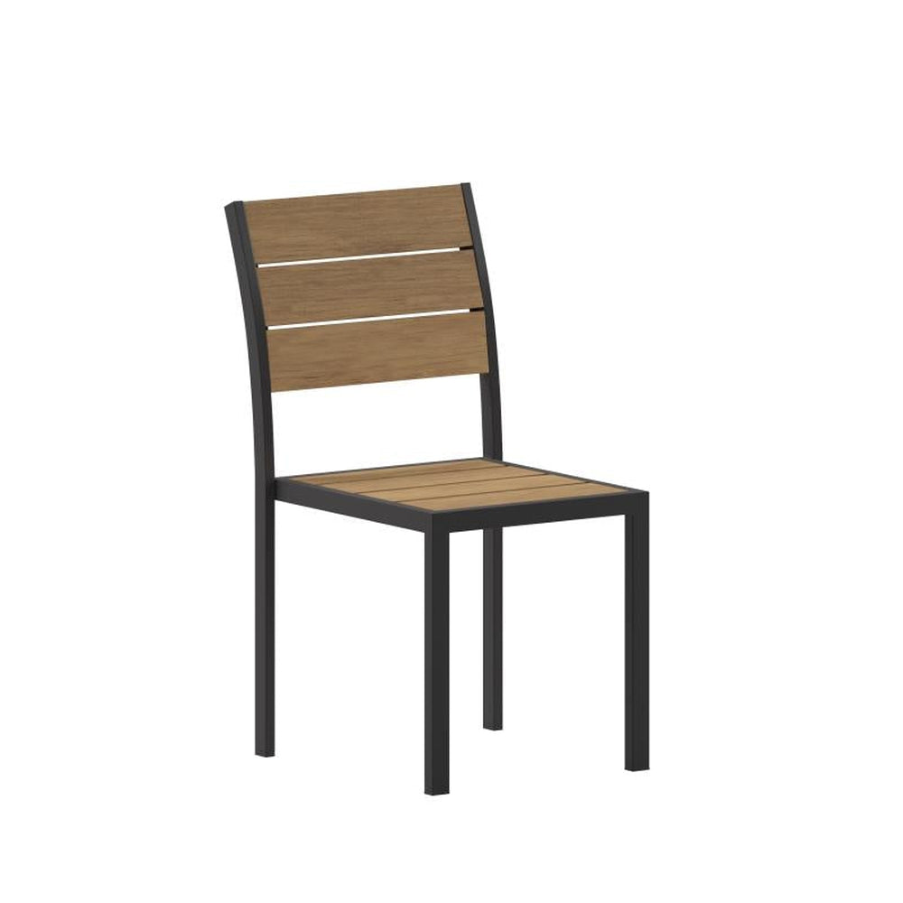 Finch Commercial Grade Armless Stackable Side Chair with Faux Teak Poly Slats and Metal Frame
