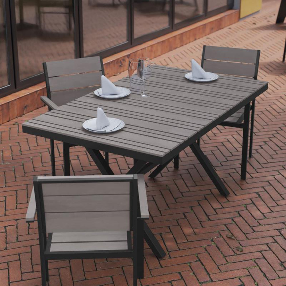 Finch Commercial Grade X-Frame Outdoor Dining Table 59" x 35.5" with Faux Teak Poly Slats and Metal Frame
