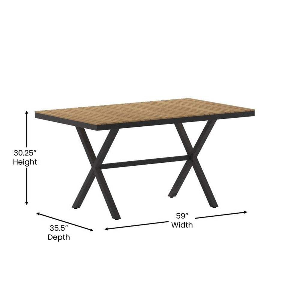 Finch Commercial Grade X-Frame Outdoor Dining Table 59" x 35.5" with Faux Teak Poly Slats and Metal Frame