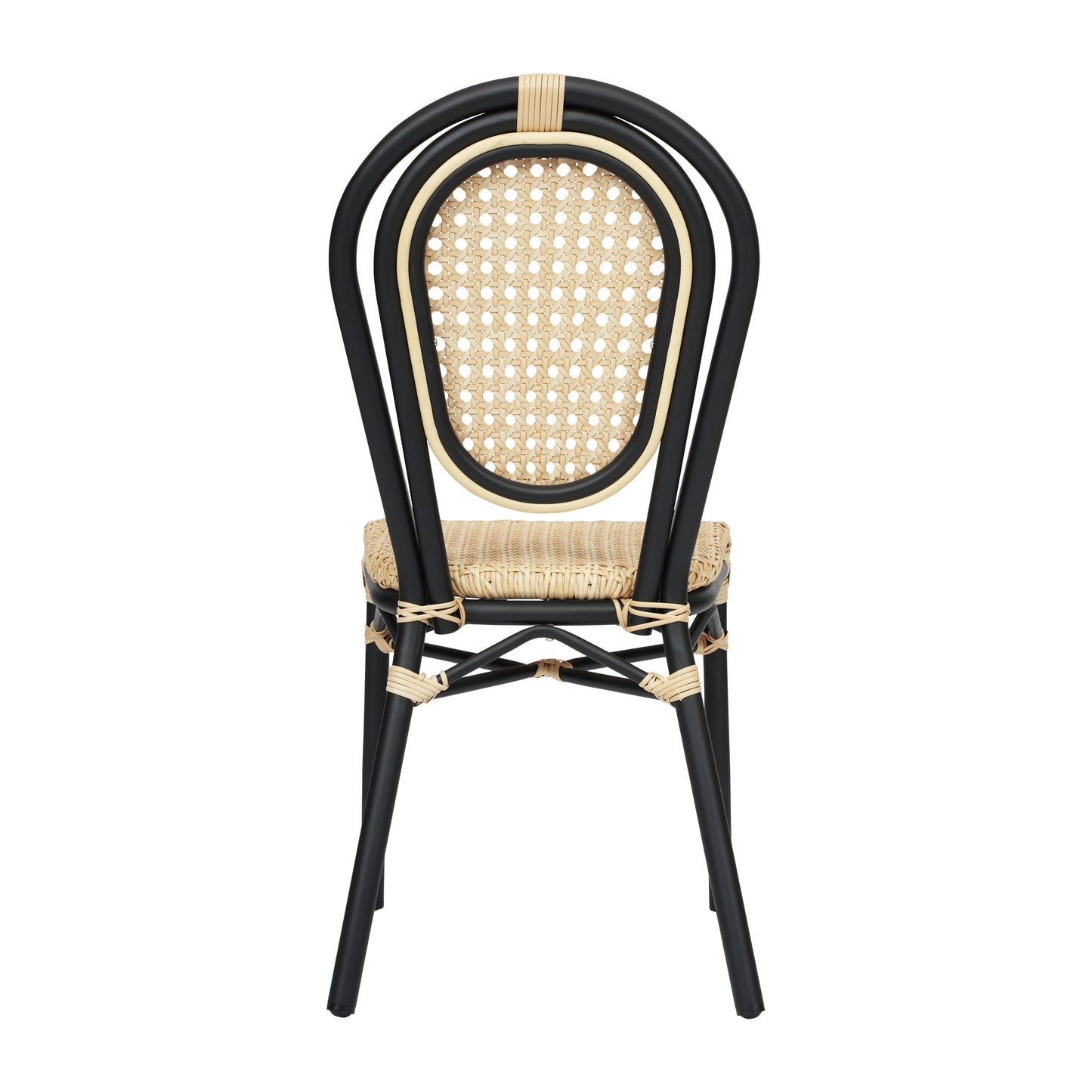 Cannes Indoor/Outdoor Commercial Thonet Bistro Stacking Chair, Natural PE Cane Rattan and Black Aluminum Frame