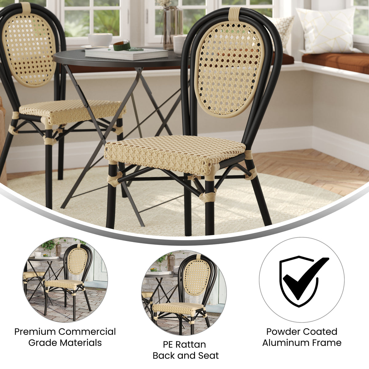 Cannes Indoor/Outdoor Commercial Thonet Bistro Stacking Chair, Natural PE Cane Rattan and Black Aluminum Frame