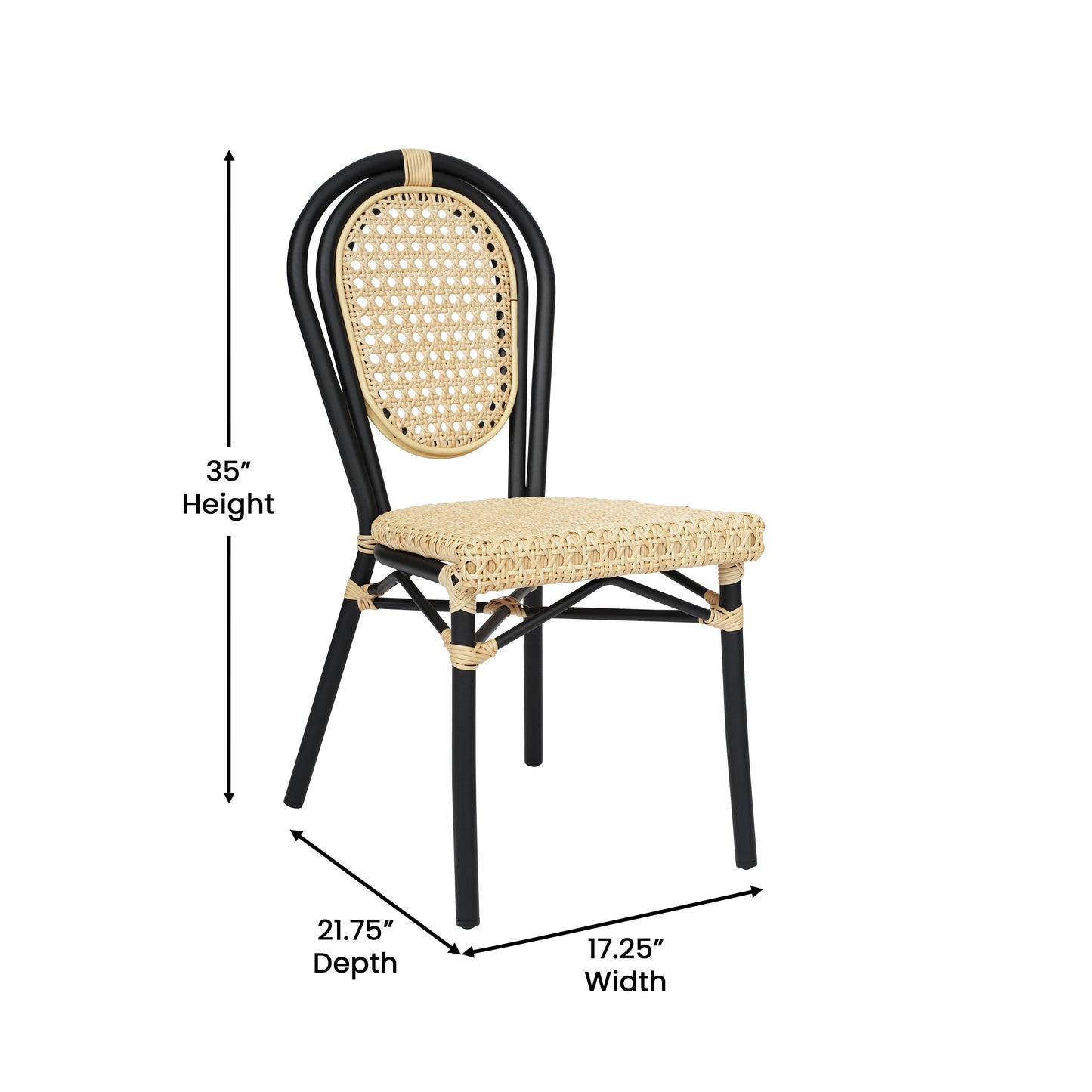 Cannes Indoor/Outdoor Commercial Thonet Bistro Stacking Chair, Natural PE Cane Rattan and Black Aluminum Frame