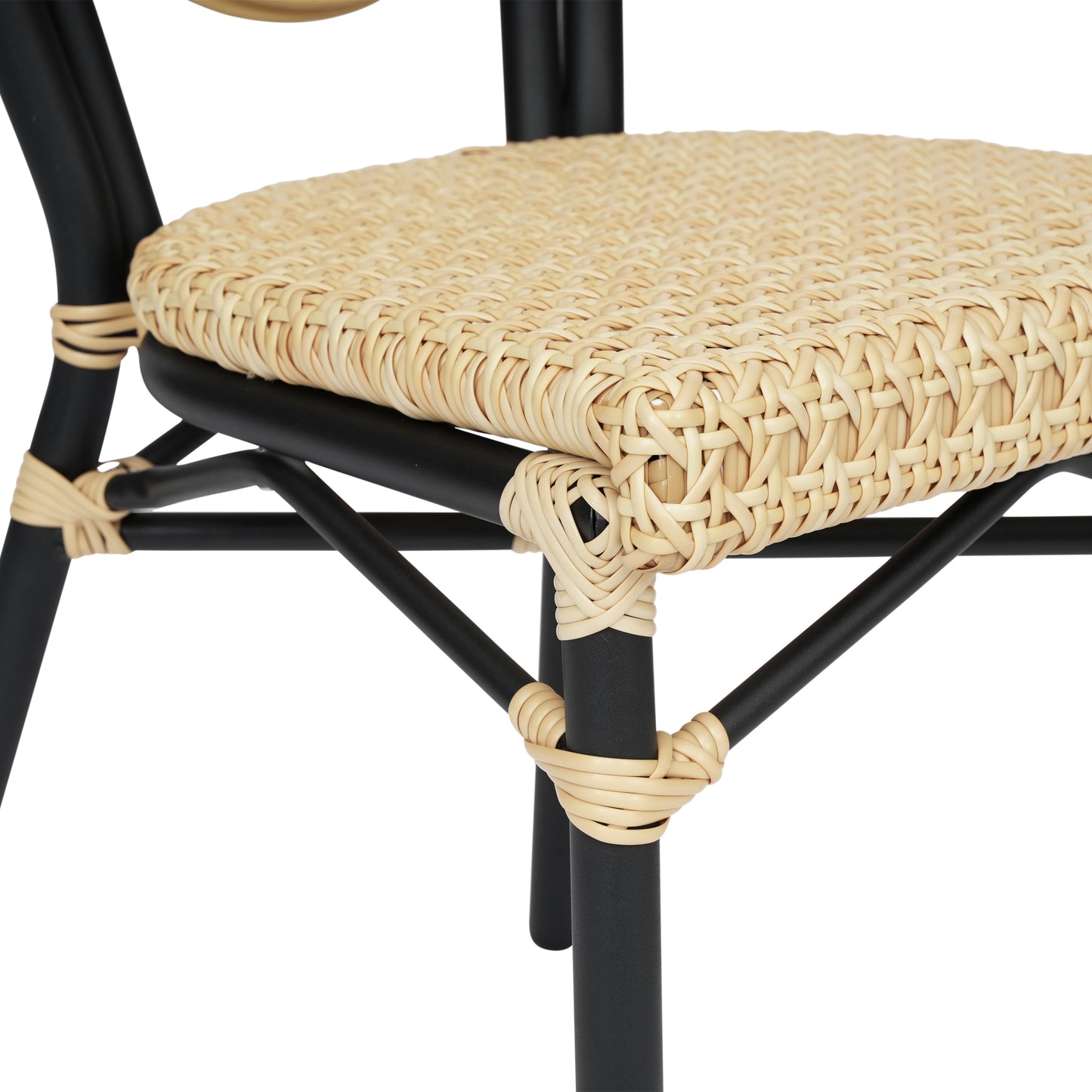 Cannes Indoor/Outdoor Commercial Thonet Bistro Stacking Chair, Natural PE Cane Rattan and Black Aluminum Frame