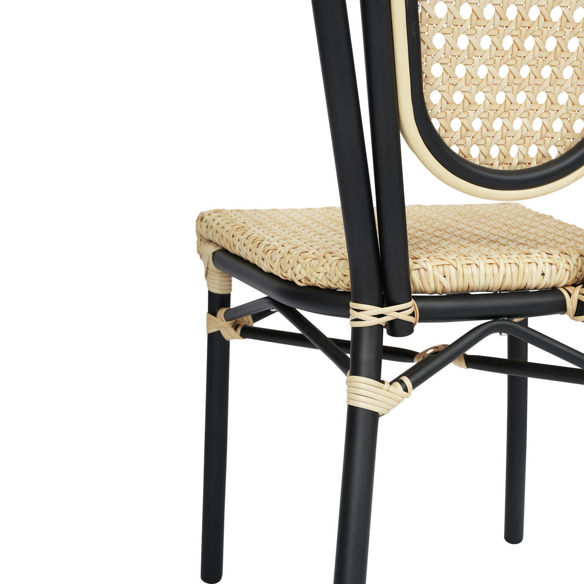 Cannes Indoor/Outdoor Commercial Thonet Bistro Stacking Chair, Natural PE Cane Rattan and Black Aluminum Frame