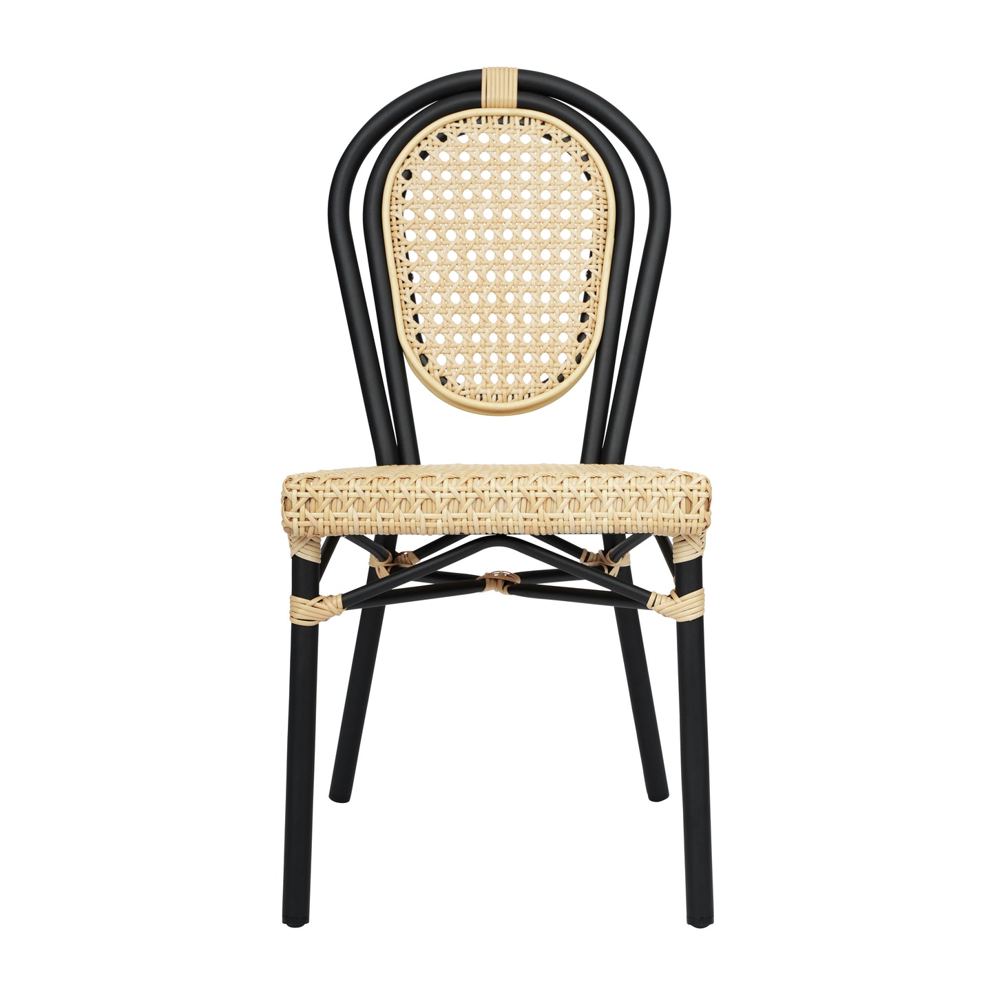 Cannes Indoor/Outdoor Commercial Thonet Bistro Stacking Chair, Natural PE Cane Rattan and Black Aluminum Frame