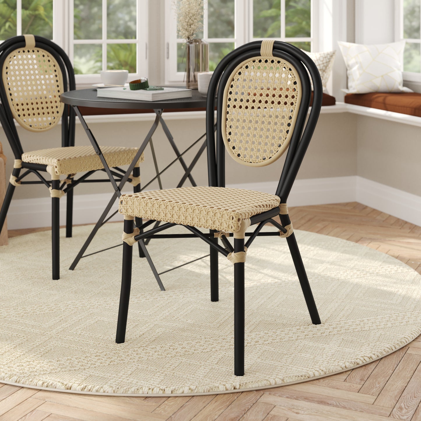 Cannes Indoor/Outdoor Commercial Thonet Bistro Stacking Chair, Natural PE Cane Rattan and Black Aluminum Frame