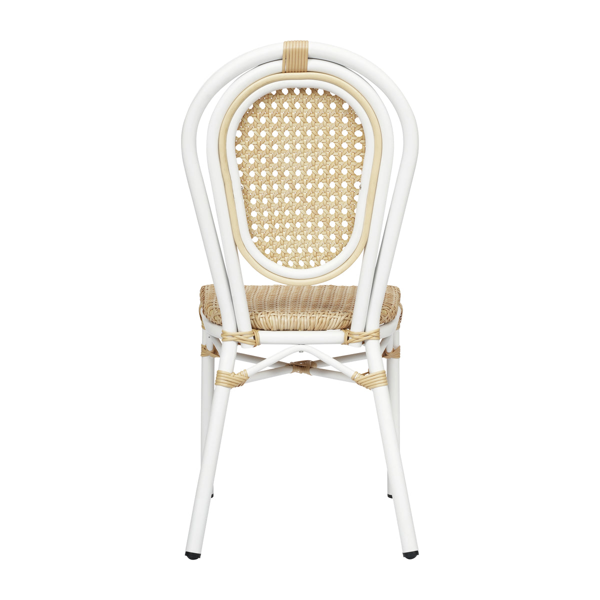 Cannes Indoor/Outdoor Commercial Thonet Bistro Stacking Chair, Natural PE Cane Rattan and White Aluminum Frame