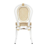 Cannes Indoor/Outdoor Commercial Thonet Bistro Stacking Chair, Natural PE Cane Rattan and White Aluminum Frame