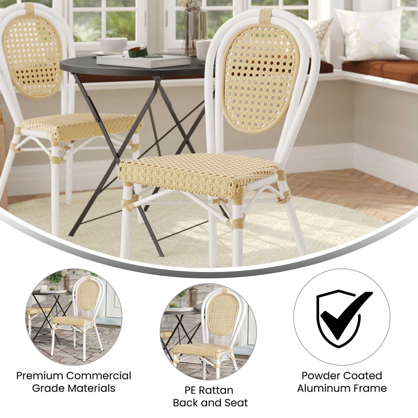 Cannes Indoor/Outdoor Commercial Thonet Bistro Stacking Chair, Natural PE Cane Rattan and White Aluminum Frame