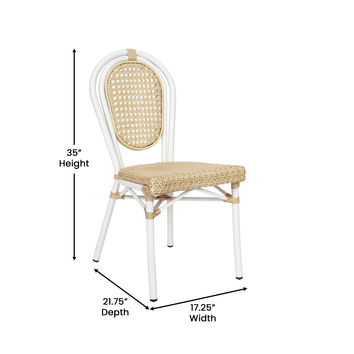 Cannes Indoor/Outdoor Commercial Thonet Bistro Stacking Chair, Natural PE Cane Rattan and White Aluminum Frame