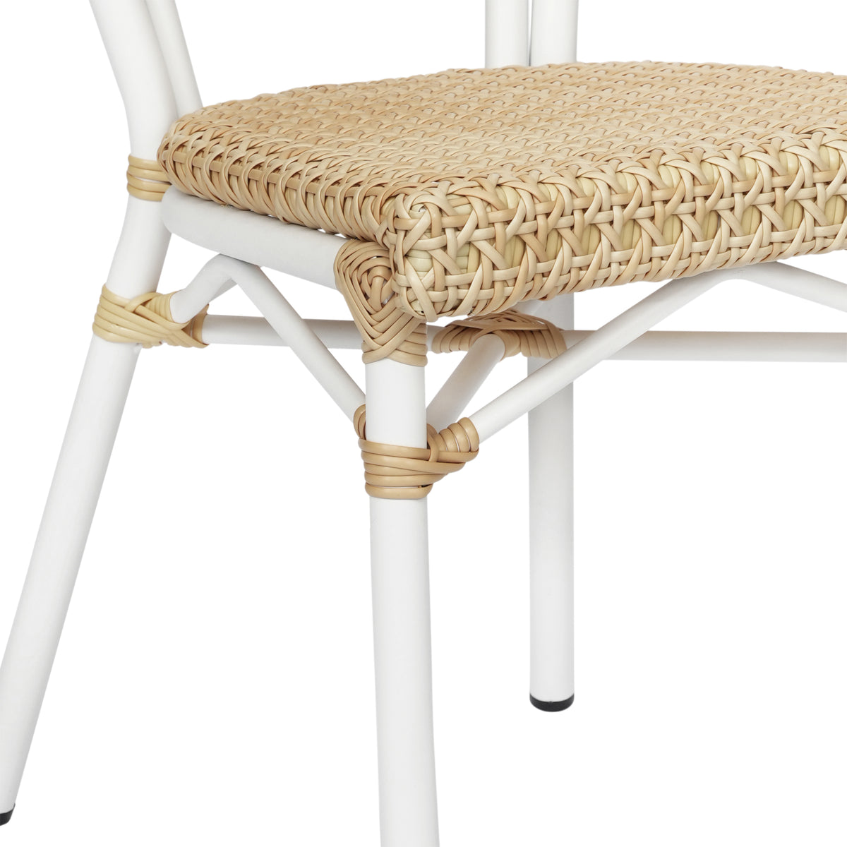 Cannes Indoor/Outdoor Commercial Thonet Bistro Stacking Chair, Natural PE Cane Rattan and White Aluminum Frame