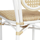 Cannes Indoor/Outdoor Commercial Thonet Bistro Stacking Chair, Natural PE Cane Rattan and White Aluminum Frame