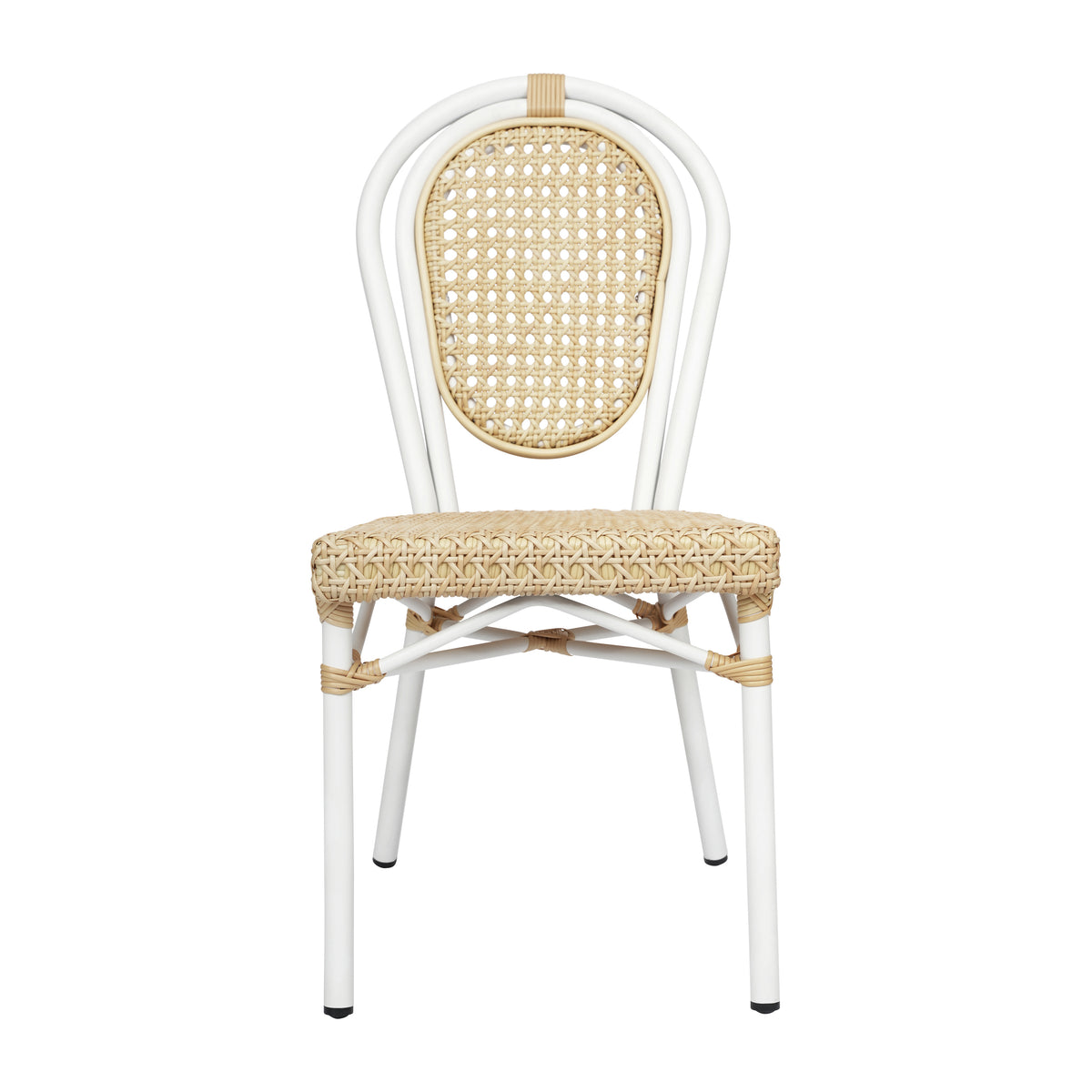 Cannes Indoor/Outdoor Commercial Thonet Bistro Stacking Chair, Natural PE Cane Rattan and White Aluminum Frame