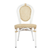 Cannes Indoor/Outdoor Commercial Thonet Bistro Stacking Chair, Natural PE Cane Rattan and White Aluminum Frame
