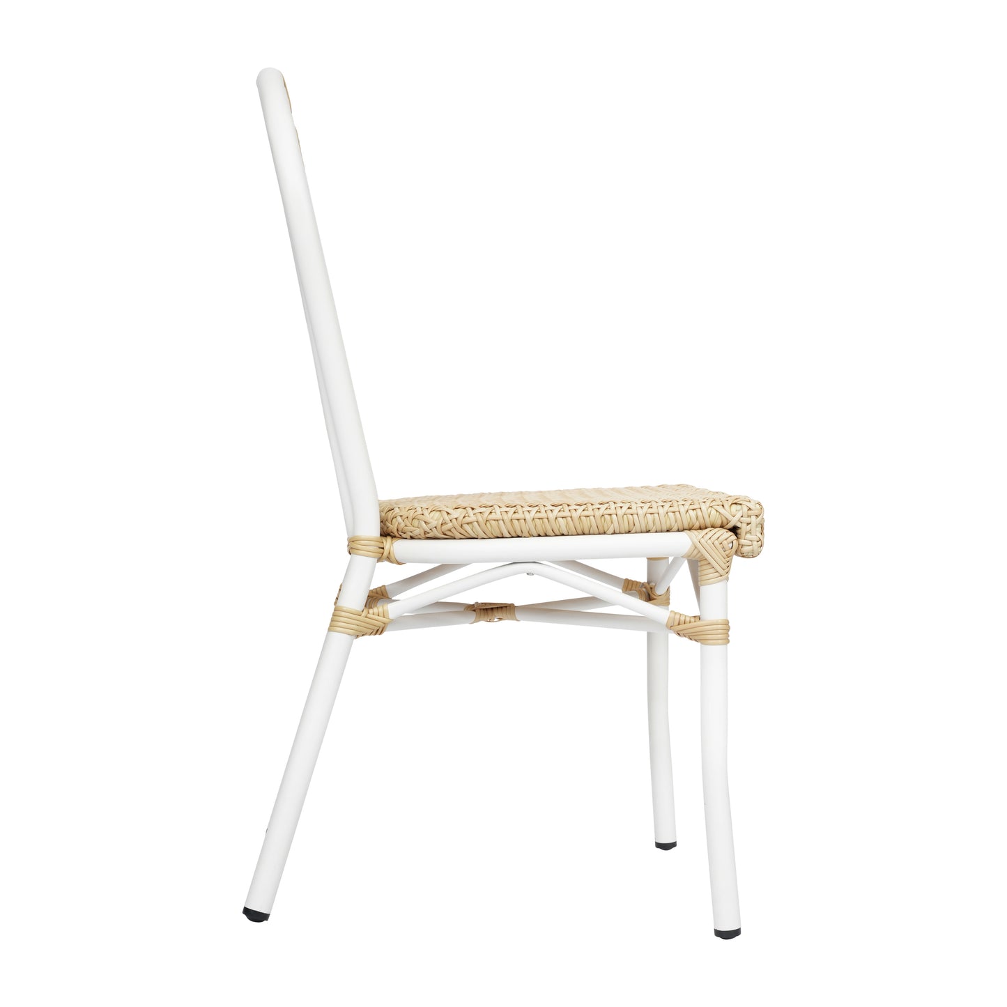 Cannes Indoor/Outdoor Commercial Thonet Bistro Stacking Chair, Natural PE Cane Rattan and White Aluminum Frame