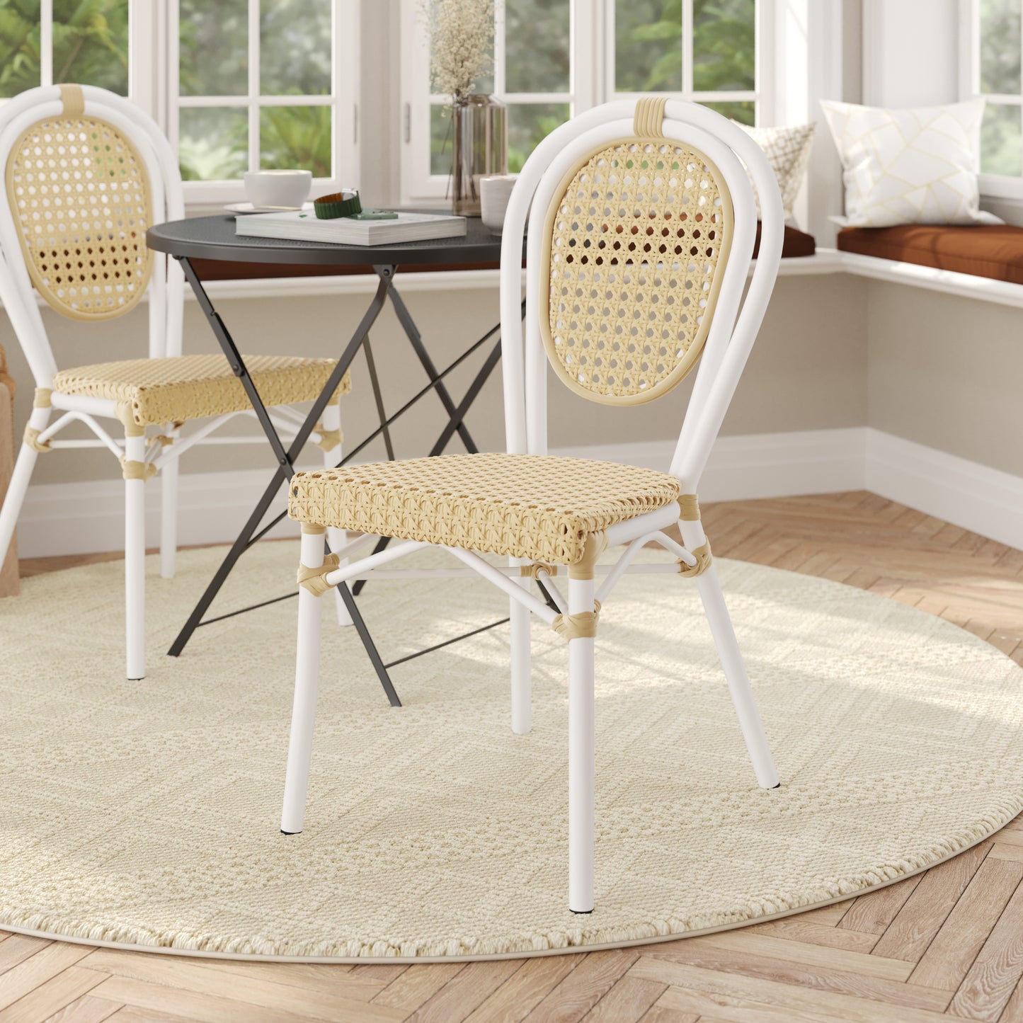 Cannes Indoor/Outdoor Commercial Thonet Bistro Stacking Chair, Natural PE Cane Rattan and White Aluminum Frame