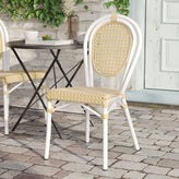Cannes Indoor/Outdoor Commercial Thonet Bistro Stacking Chair, Natural PE Cane Rattan and White Aluminum Frame