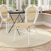 Cannes Indoor/Outdoor Commercial Thonet Bistro Stacking Chair, Natural PE Cane Rattan and White Aluminum Frame