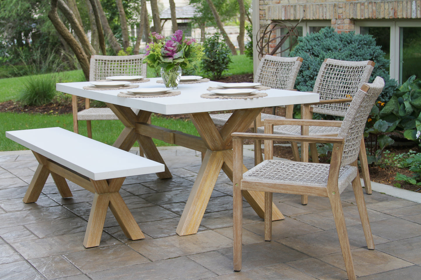 Ivory Composite and Antique Wash Outdoor Eucalyptus Dining Table 74" x 38"