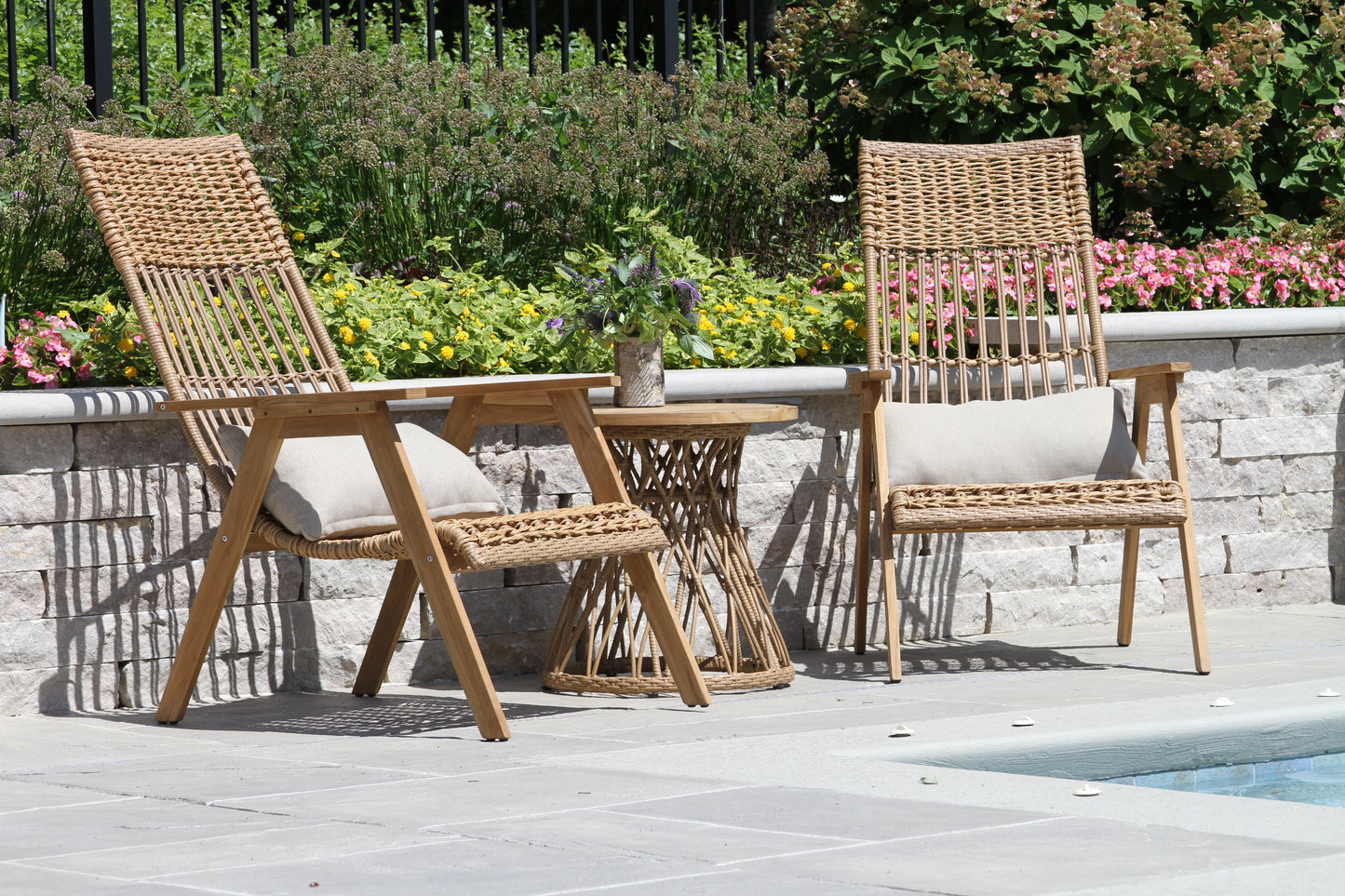 Bohemian Outdoor Teak and Wicker Basket Lounger w Olefin Pillow