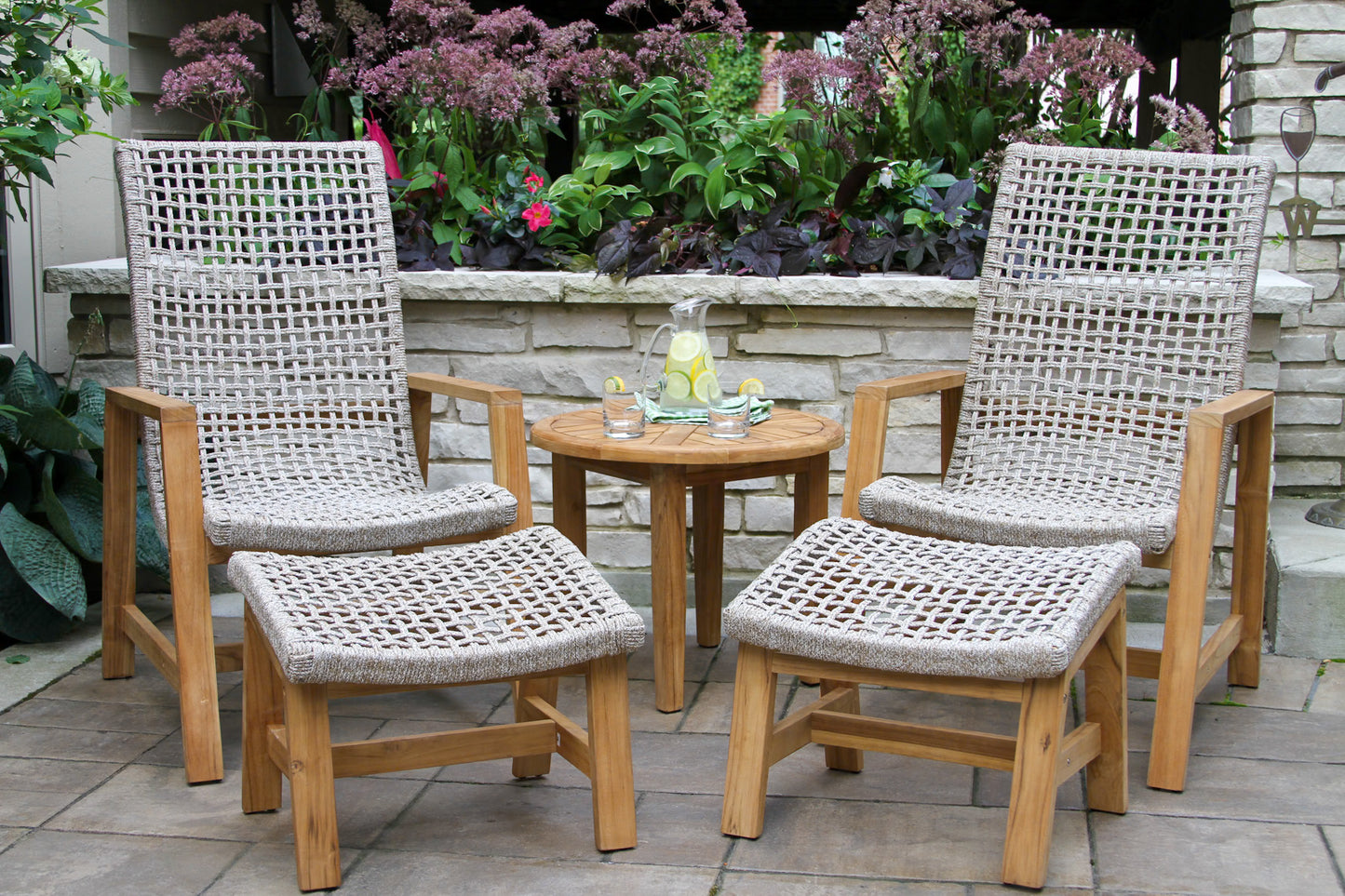 Teak and Nautical Outdoor Rope Ottoman