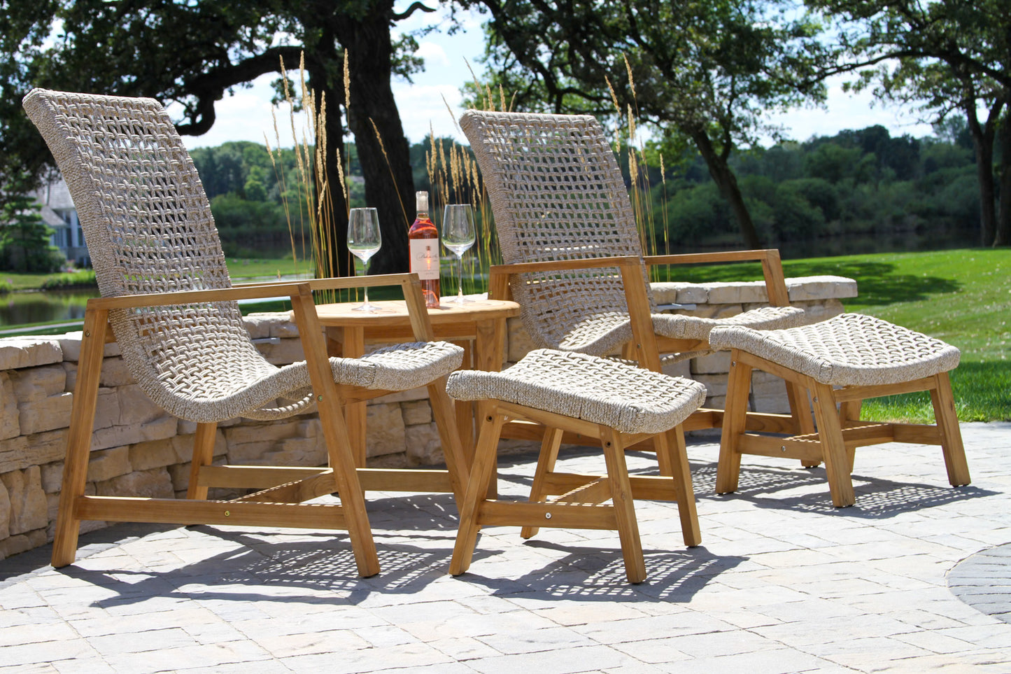 Teak and Nautical Outdoor Rope Ottoman