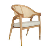 Naomi Commercial Cane Rattan Dining and Accent Chair with Solid Wood Frame Featuring Gold Tipped Legs and Beige Padded Seat in Natural