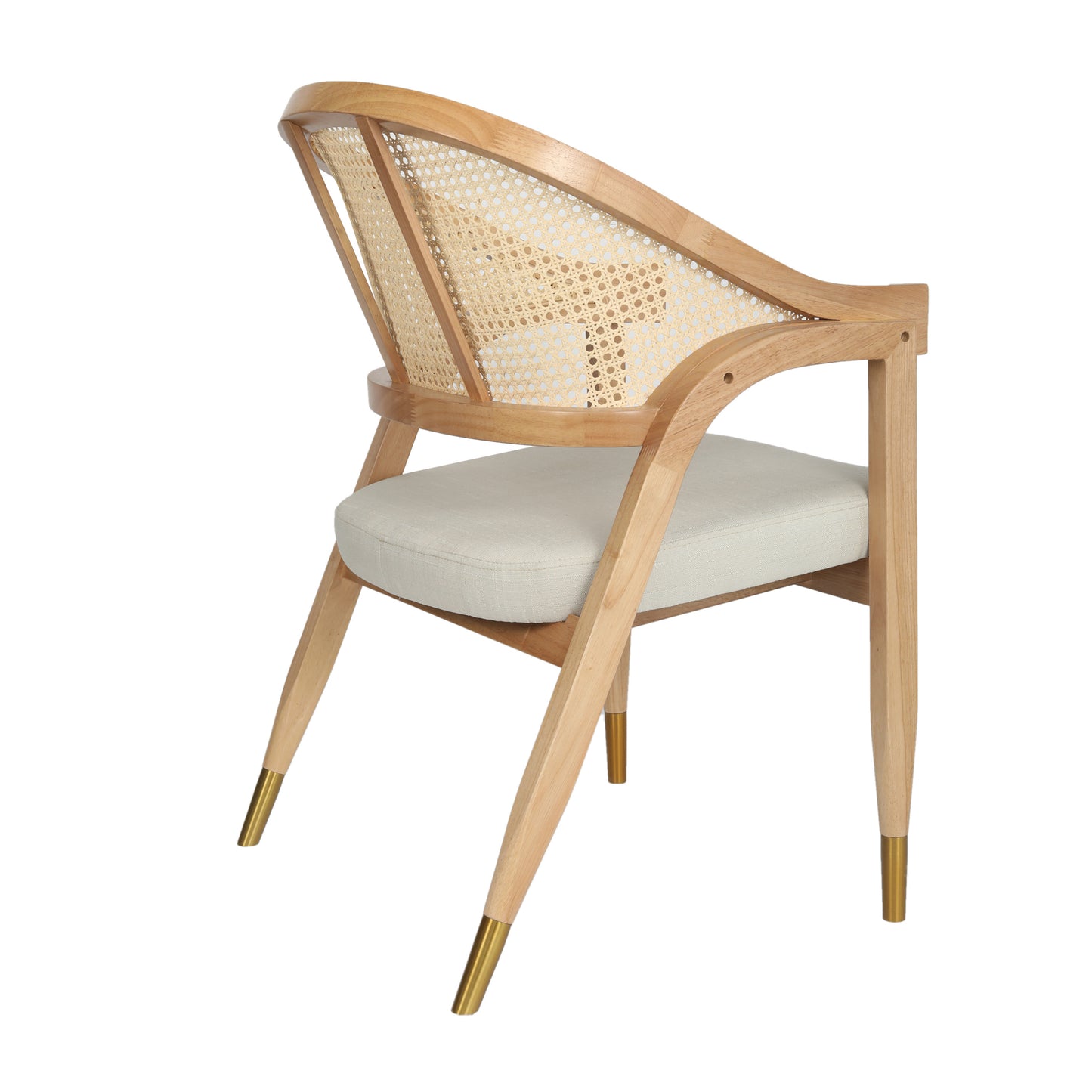 Naomi Commercial Cane Rattan Dining and Accent Chair with Solid Wood Frame Featuring Gold Tipped Legs and Beige Padded Seat in Natural