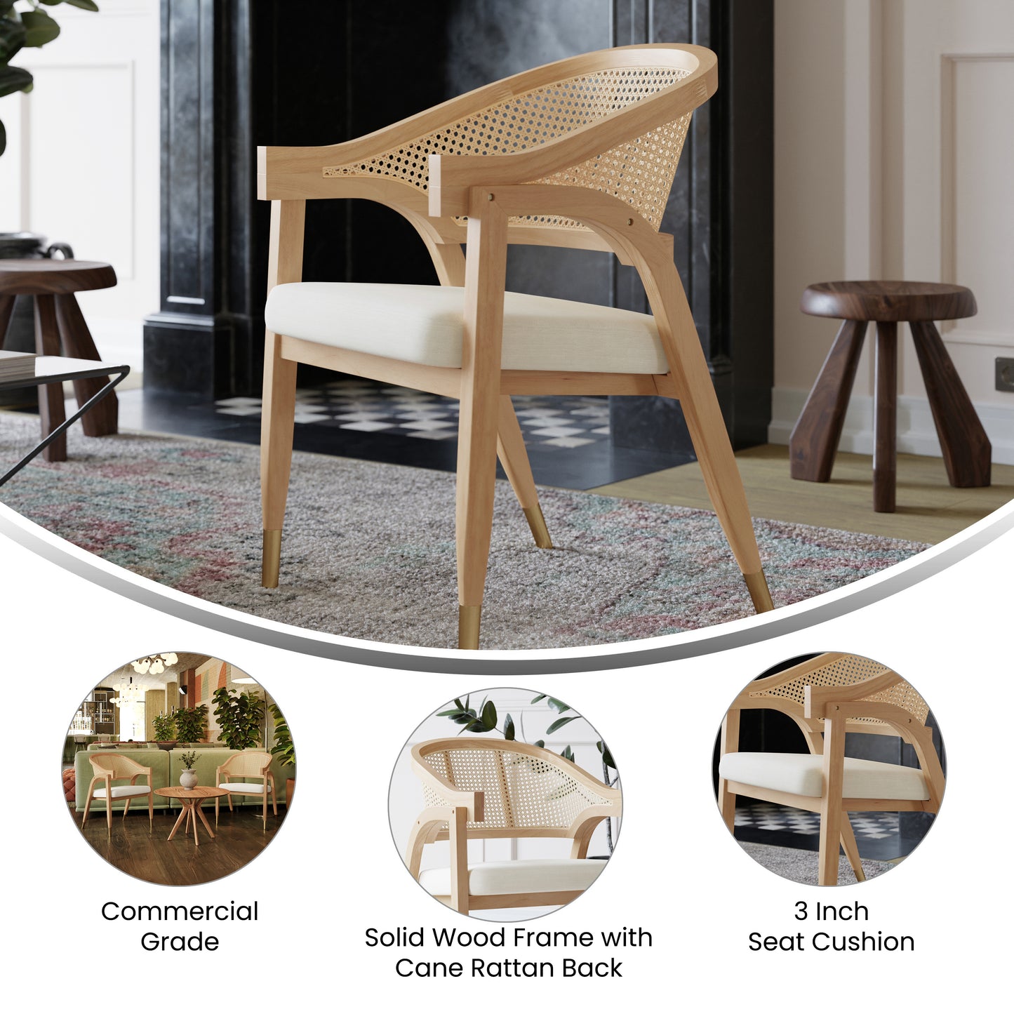 Naomi Commercial Cane Rattan Dining and Accent Chair with Solid Wood Frame Featuring Gold Tipped Legs and Beige Padded Seat in Natural