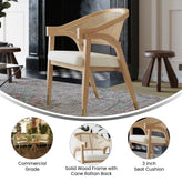 Naomi Commercial Cane Rattan Dining and Accent Chair with Solid Wood Frame Featuring Gold Tipped Legs and Beige Padded Seat in Natural