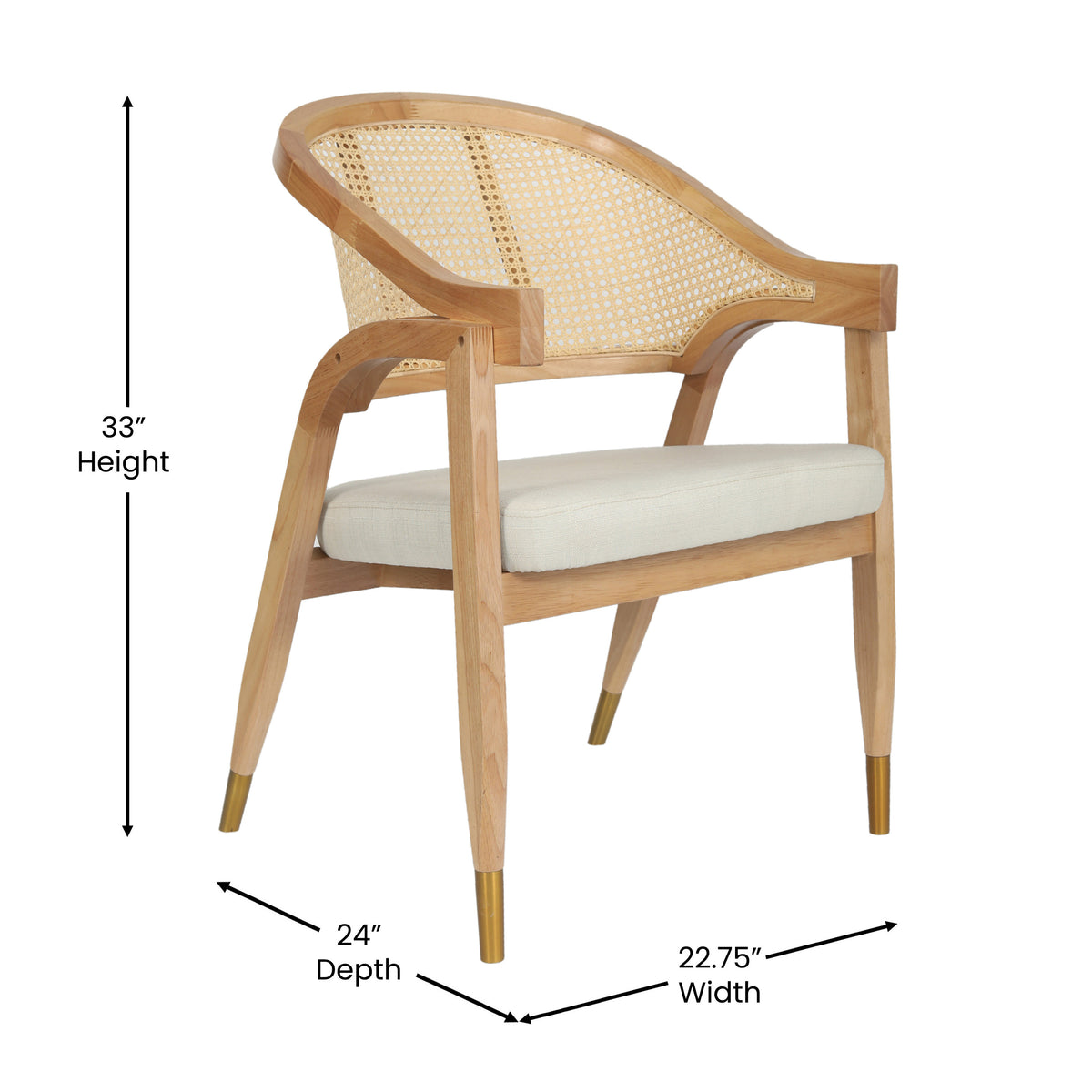 Naomi Commercial Cane Rattan Dining and Accent Chair with Solid Wood Frame Featuring Gold Tipped Legs and Beige Padded Seat in Natural