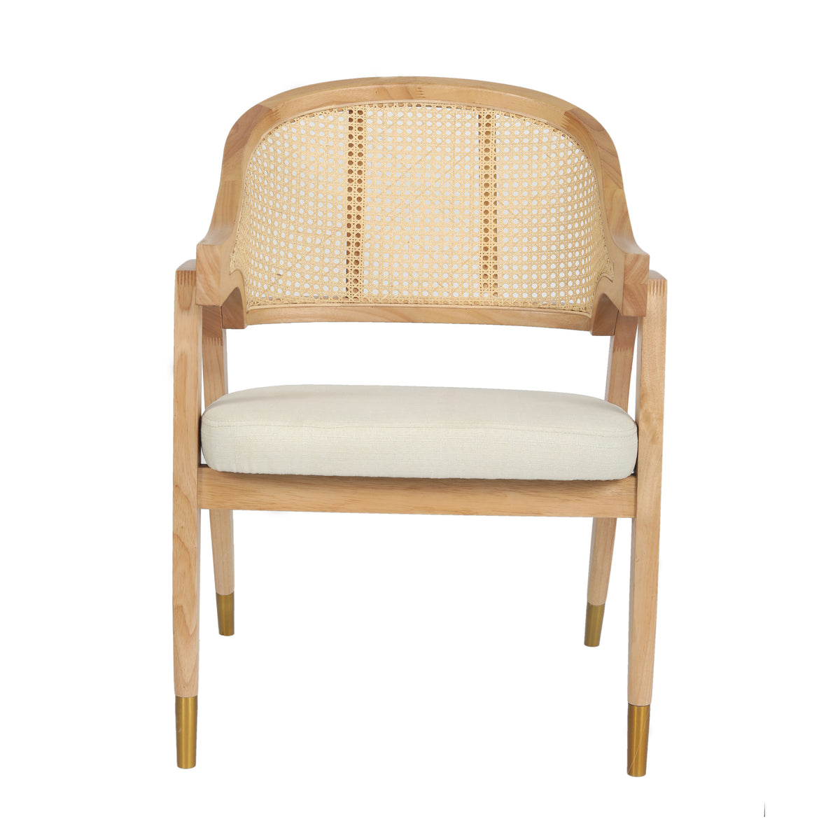 Naomi Commercial Cane Rattan Dining and Accent Chair with Solid Wood Frame Featuring Gold Tipped Legs and Beige Padded Seat in Natural