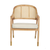 Naomi Commercial Cane Rattan Dining and Accent Chair with Solid Wood Frame Featuring Gold Tipped Legs and Beige Padded Seat in Natural