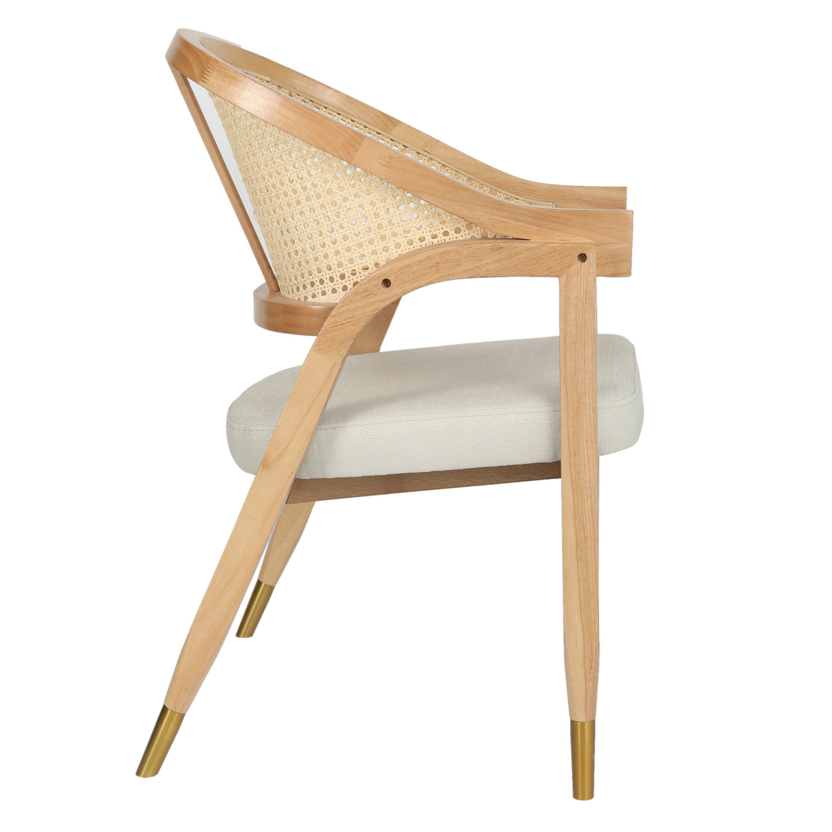 Naomi Commercial Cane Rattan Dining and Accent Chair with Solid Wood Frame Featuring Gold Tipped Legs and Beige Padded Seat in Natural