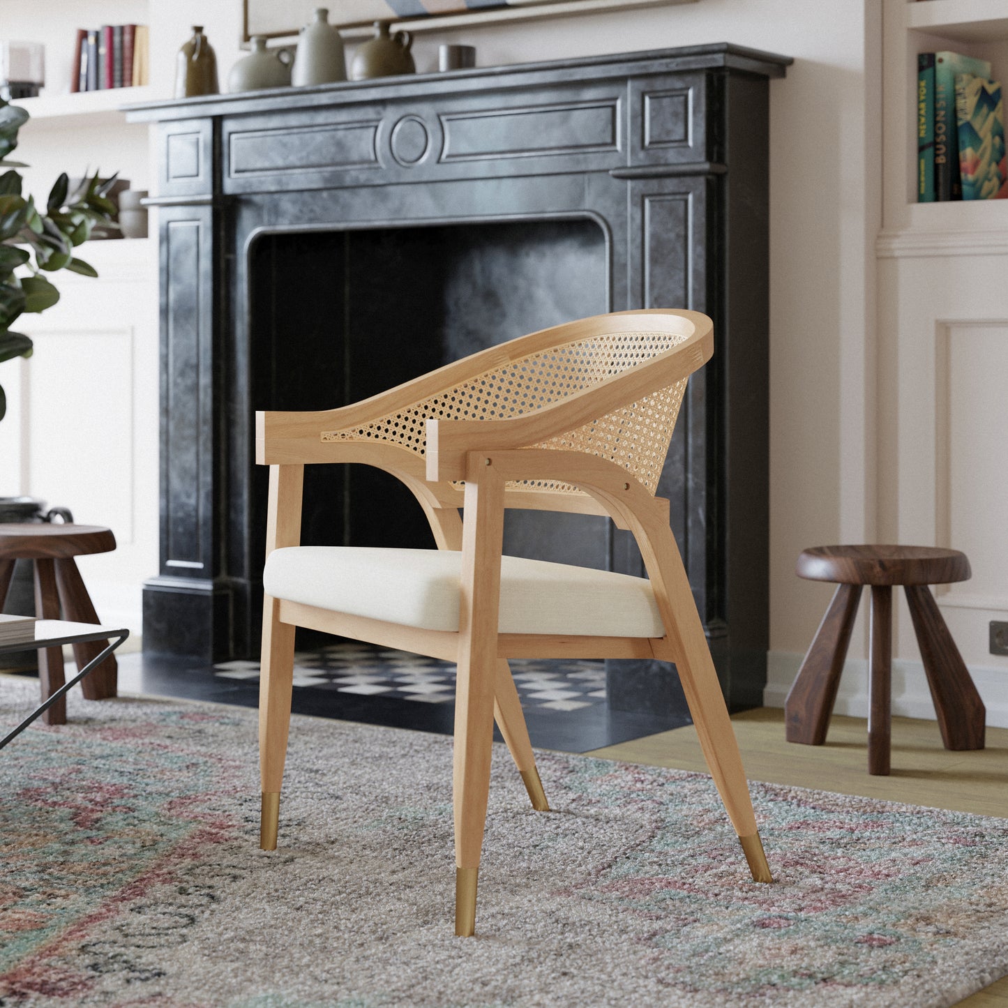 Naomi Commercial Cane Rattan Dining and Accent Chair with Solid Wood Frame Featuring Gold Tipped Legs and Beige Padded Seat in Natural