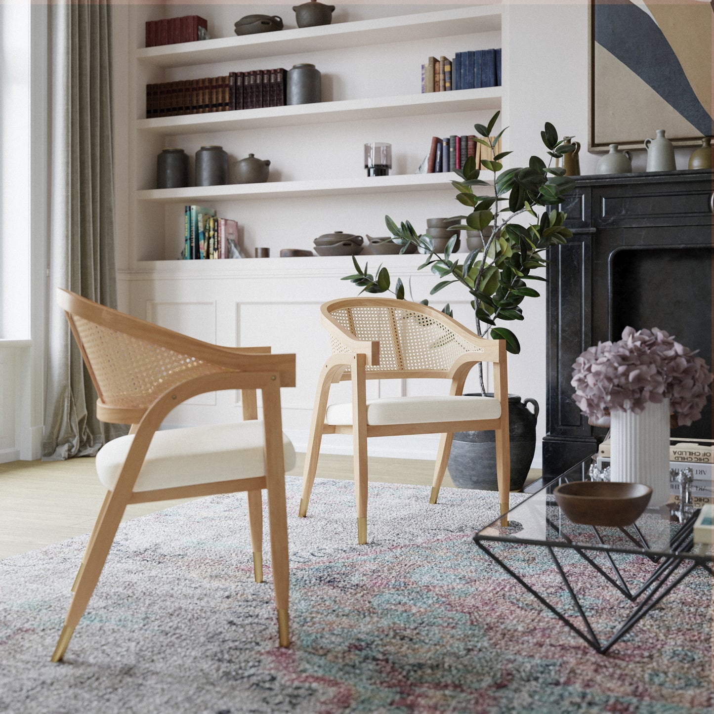 Naomi Commercial Cane Rattan Dining and Accent Chair with Solid Wood Frame Featuring Gold Tipped Legs and Beige Padded Seat in Natural