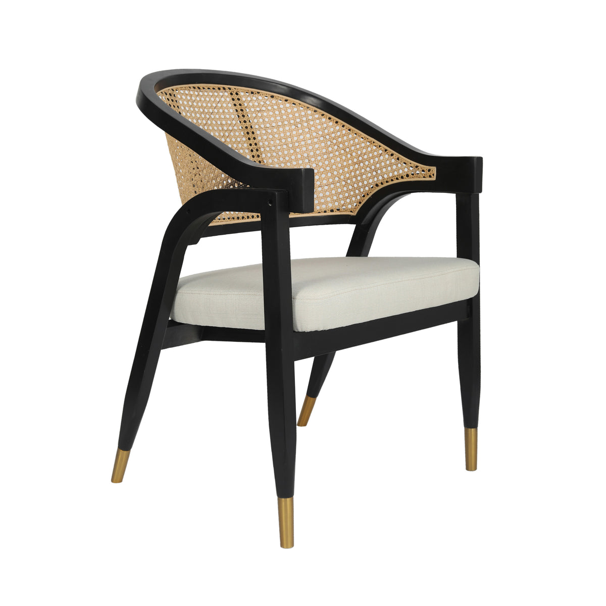 Naomi Commercial Cane Rattan Dining and Accent Chair with Solid Wood Frame Featuring Gold Tipped Legs and Beige Padded Seat in Natural/Black