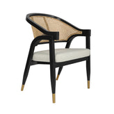 Naomi Commercial Cane Rattan Dining and Accent Chair with Solid Wood Frame Featuring Gold Tipped Legs and Beige Padded Seat in Natural/Black