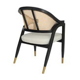 Naomi Commercial Cane Rattan Dining and Accent Chair with Solid Wood Frame Featuring Gold Tipped Legs and Beige Padded Seat in Natural/Black