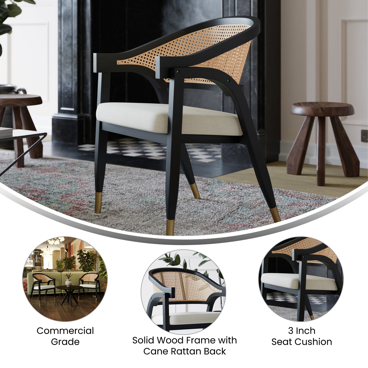 Naomi Commercial Cane Rattan Dining and Accent Chair with Solid Wood Frame Featuring Gold Tipped Legs and Beige Padded Seat in Natural/Black