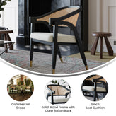 Naomi Commercial Cane Rattan Dining and Accent Chair with Solid Wood Frame Featuring Gold Tipped Legs and Beige Padded Seat in Natural/Black