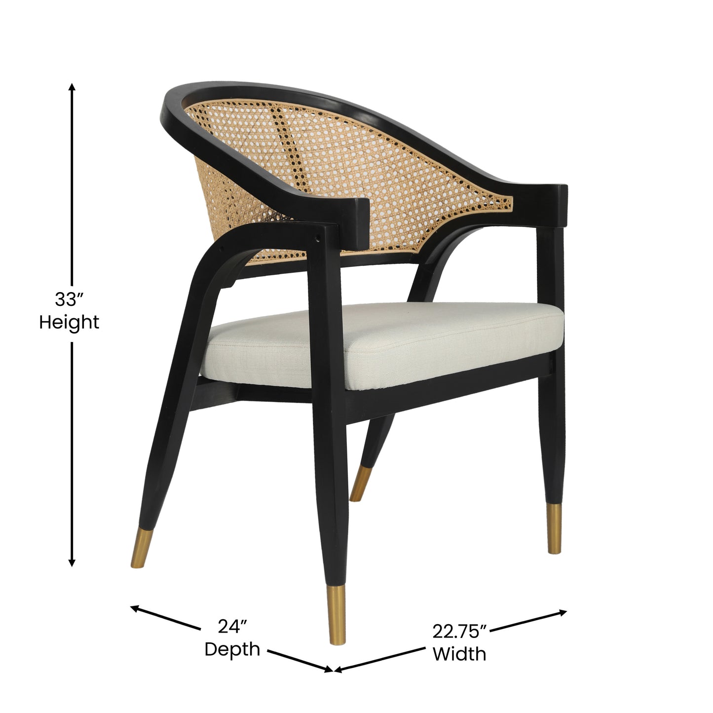 Naomi Commercial Cane Rattan Dining and Accent Chair with Solid Wood Frame Featuring Gold Tipped Legs and Beige Padded Seat in Natural/Black