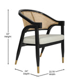 Naomi Commercial Cane Rattan Dining and Accent Chair with Solid Wood Frame Featuring Gold Tipped Legs and Beige Padded Seat in Natural/Black