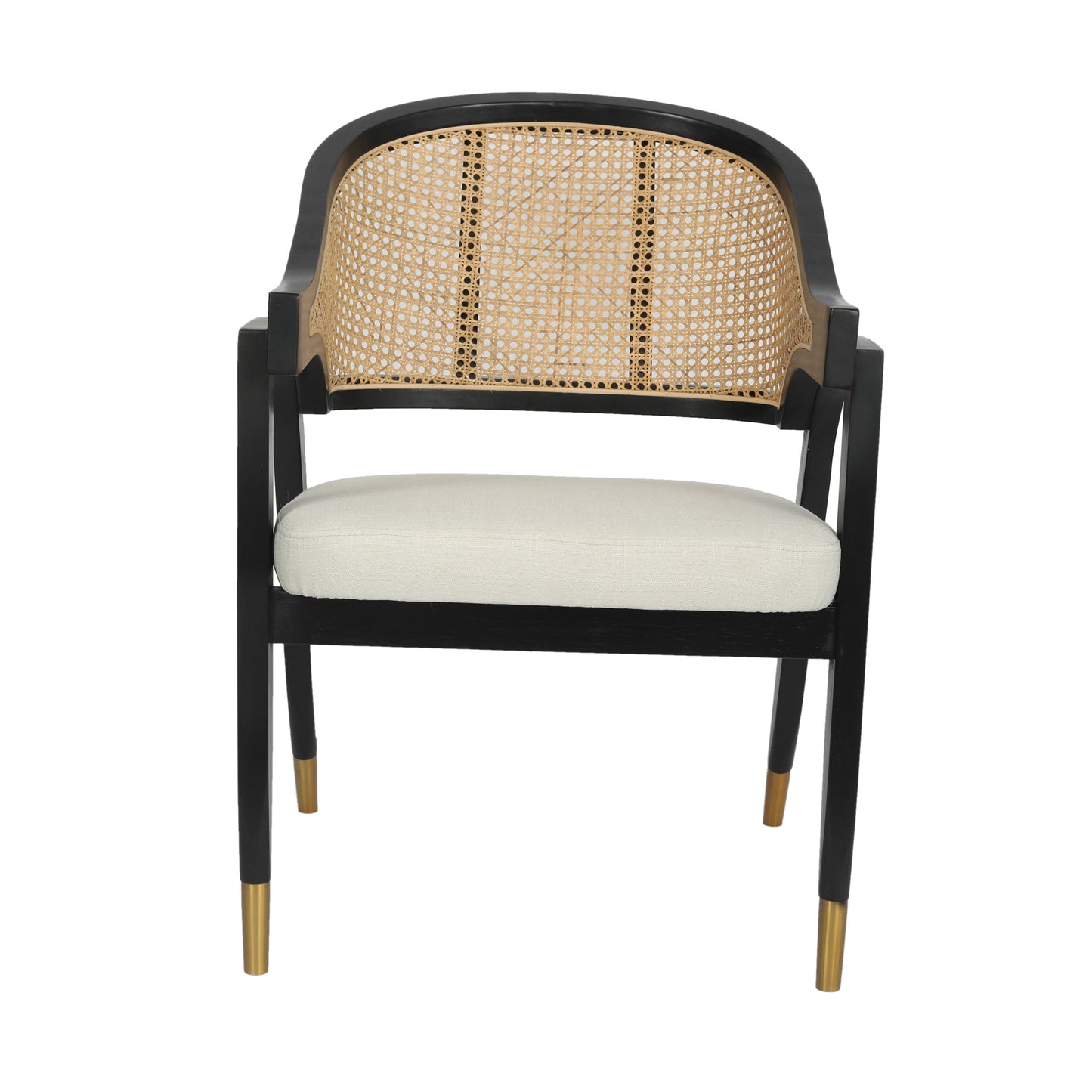 Naomi Commercial Cane Rattan Dining and Accent Chair with Solid Wood Frame Featuring Gold Tipped Legs and Beige Padded Seat in Natural/Black