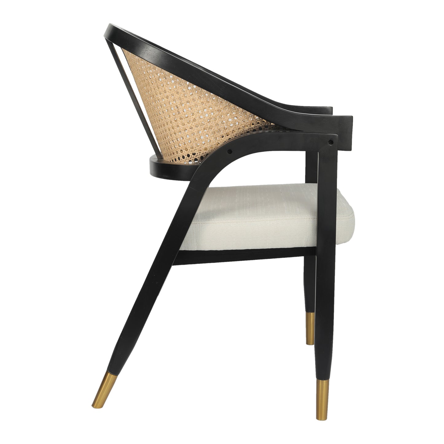 Naomi Commercial Cane Rattan Dining and Accent Chair with Solid Wood Frame Featuring Gold Tipped Legs and Beige Padded Seat in Natural/Black